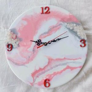 Resin Pink, White and Gold with Clear Quartz Crystals Clock