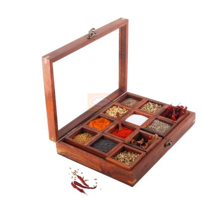 Sheesham Wood 12 Containers Masala Box with Spoon