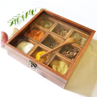 Sheesham Wooden Masala Box with 9 Containers