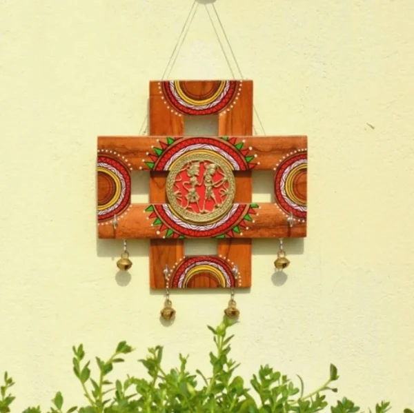 Handmade Unique Brass Dhokra Wooden Key Hanger (Multicolor, 9 inch)
