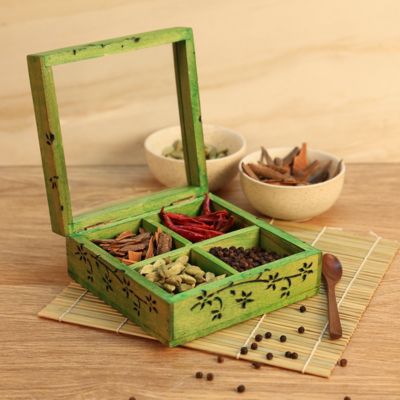 Wooden Engraved Spice Box In Wood with Spoon Green