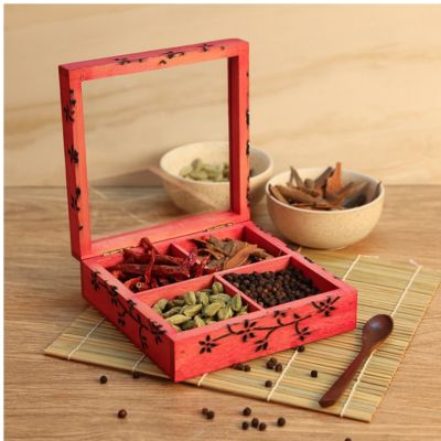 Wooden Engraved Spice Box In Wood with Spoon (Pink, Standard Size)