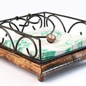 Wooden and Wrought Iron Tissue and Napkin Holder