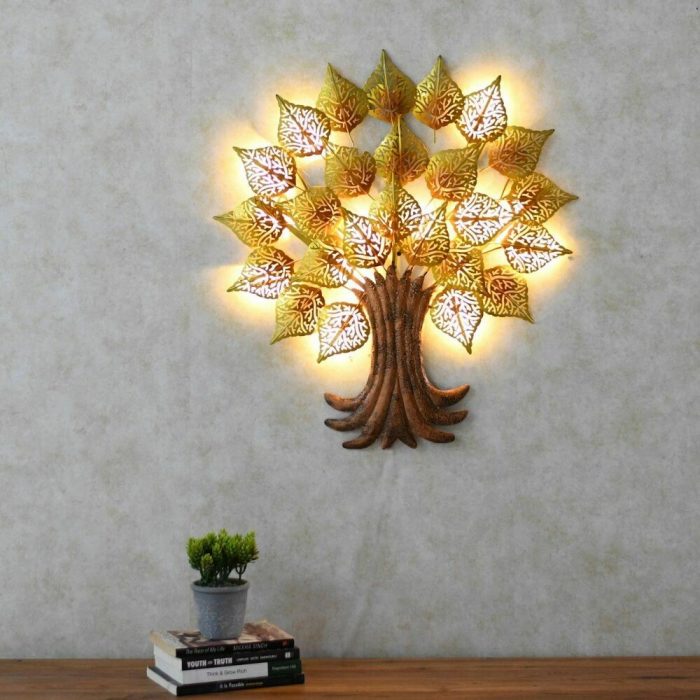 Yellow Metal Yellow Wall Hanging Tree With Led