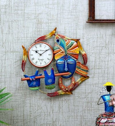 Metal Wall Clock with Blue Krishna Design