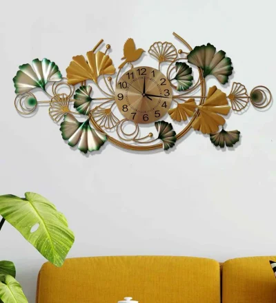 Green Metal Wall Clock with Golden Ginko Leaf Design