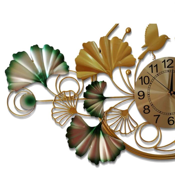 Green Metal Wall Clock with Golden Ginko Leaf Design