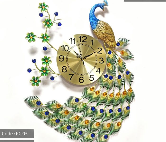 Metal Wall Clock Peacock with Flowers