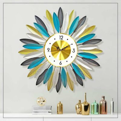 Metal Wall Hanging Clock With Multicolor Feathers
