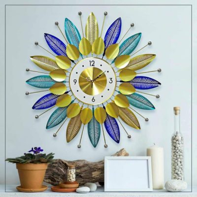 Metal Wall Clock With Multicolor Leaf