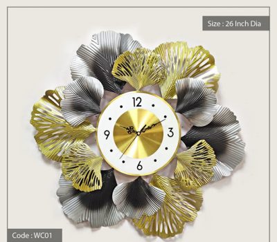 Metal Wall Clock With Black and Golden Flower of Happiness