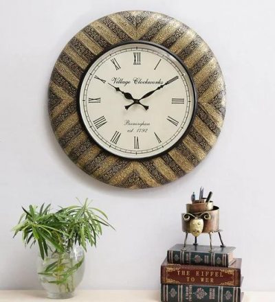 Wooden Round Clock with white and Brown design
