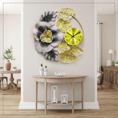 Metal Wall clock with Gingko Flowers and leaf