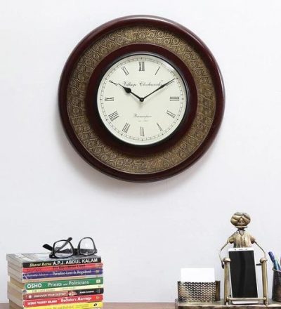 Wooden Round Clock With Brown and copper Designed