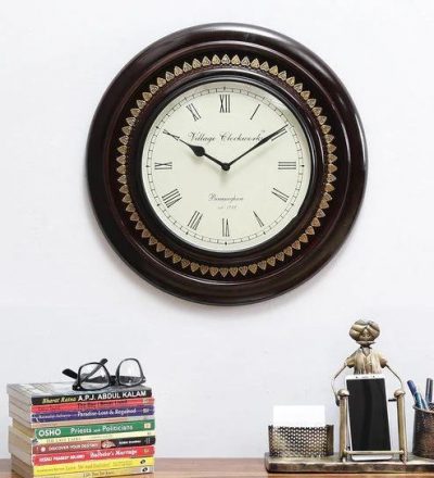 Wooden Round Clock with Brown Frame