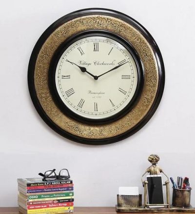 Wooden Round Clock With Brown and White Design