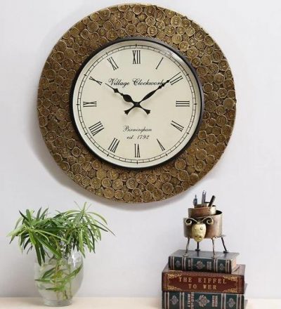 Wooden Round Clock With Golden Design