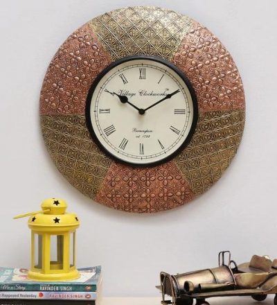 Wooden Round Clock with Gold and Copper design
