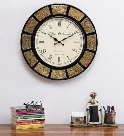 Wooden Round Clock with Gold and Black design