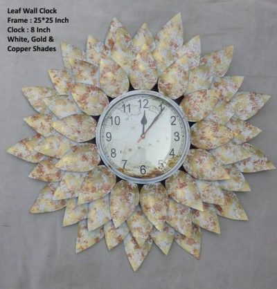 Metal Wall Clock With white flower leaf