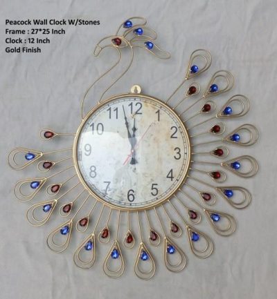 Metal Peacock Wall Clock with Multicolor Stones