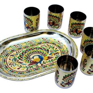 Meenakari Silver Color Glass & Tray Set Peacock Design Home/Table Decor