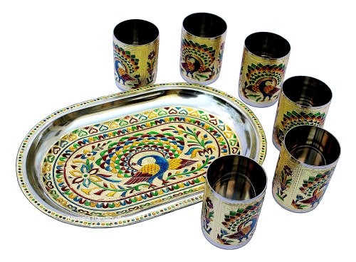 Meenakari Silver Color Glass & Tray Set Peacock Design Home/Table Decor