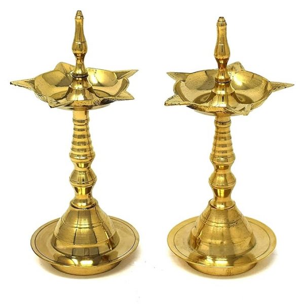 Brass Diya Stand (Kuthu Vilakku) Lamp Deepam Fancy Kerela Deepak Stand/Diwali Puja Lamp Golden (28 Cm)
