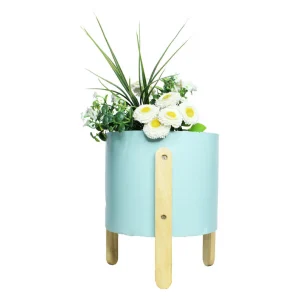 Iron Pot with Wooden Stand for Home Decor and Gifting (Sky Blue Color)