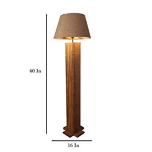 Elegant Wooden Floor Lamp with Brown Base and Beige Fabric Lampshade