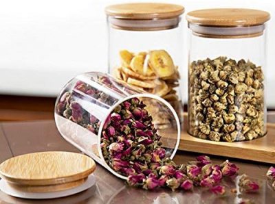 Glass 1400 ml Kitchen Storage Borosilicate Glass Jar And Container, Air Tight Bamboo Wooden Lid Container, Transparent Glass Cereal Dispenser