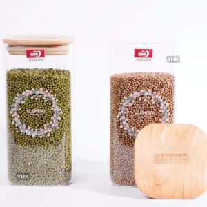 Food Storage Square Glass Shape Containers With Wooden Lids