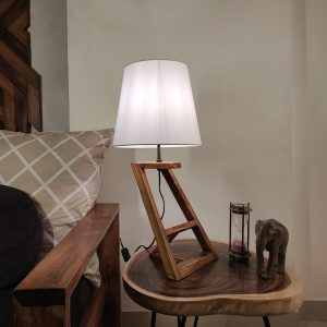 Angular Wooden Table Lamp with Brown Base and Premium White Fabric Lampshade