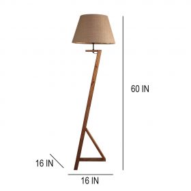 Angular Wooden Floor Lamp with Brown Base and Premium Beige Fabric Lampshade