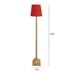 Babel Wooden Floor Lamp with Beige Base and Red Printed Fabric Lampshade