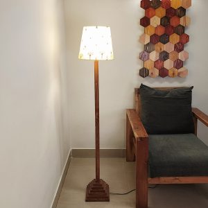 Babel Wooden Floor Lamp with Brown Base and Yellow Printed Fabric Lampshade