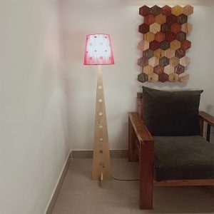 Trigo Wooden Floor Lamp with Beige Base and Red Printed Fabric Lampshade