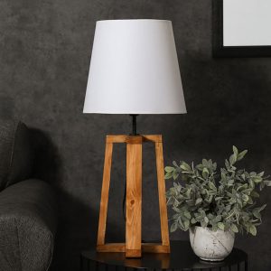 Blender Brown Wooden Table Lamp with White Fabric Lampshade