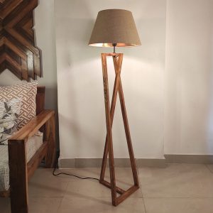 Catapult Wooden Floor Lamp with with Brown Base Premium Beige Fabric Lampshade