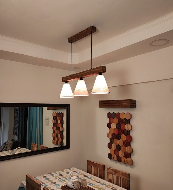 Terzo Brown Wooden Series Hanging Lamp with Beige Fabric Lampshade