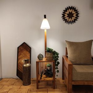 Prominence Wooden Floor Lamp with Beige Fabric Lampshade