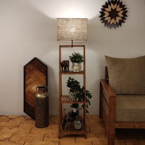 Raphael Wooden Floor Lamp with Brown Base and Jute Fabric Lampshade