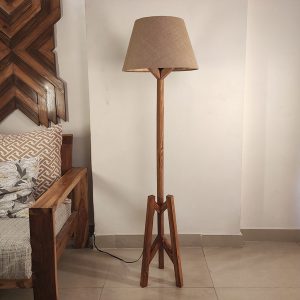 Troika Wooden Floor Lamp with Brown Base and Premium Beige Fabric Lampshade