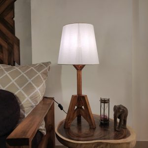Troika Wooden Table Lamp with Brown Base and Premium White Fabric Lampshade