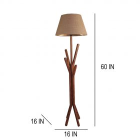 Vrikshya Wooden Floor Lamp with Brown Base and Premium Beige Fabric Lampshade