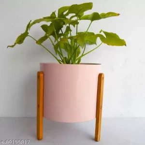 Iron Pot with Wooden Stand for Home Decor and Gifting (Pink Color)
