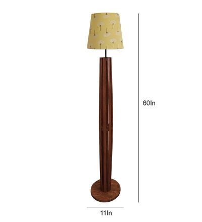 Tall Boy Wooden Floor Lamp With Yellow Printed Fabric Lampshade