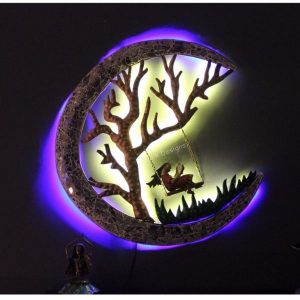 Attractive Metal Tree Studying Girl Moon Wall Art For Home Decor