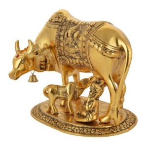 Aluminium Kamdhenu Cow with Calf & Krishna Statue