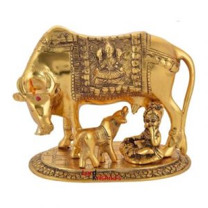 Aluminium Kamdhenu Cow with Calf & Krishna Statue